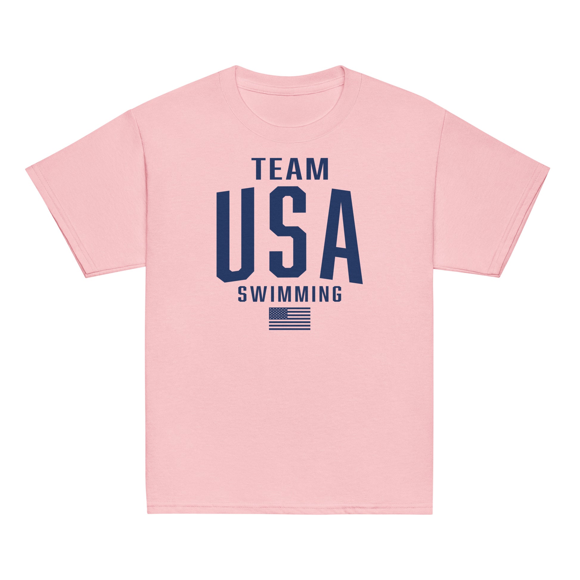 Team USA Swimming Patriotic Youth T-Shirt in light pink with navy print. Youth swim shirt with patriotic flair in a soft pastel tone.