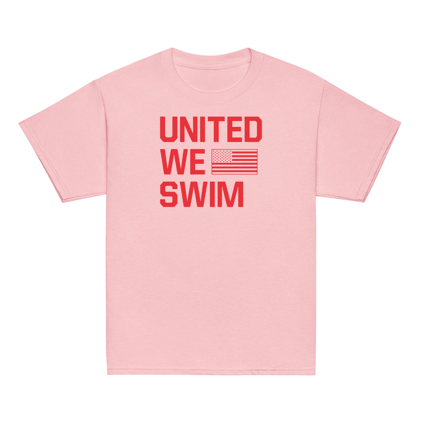United We Swim Patriotic Youth T-Shirt in light pink with red flag graphic. Fun and patriotic kids' tee for swim teams and casual wear.