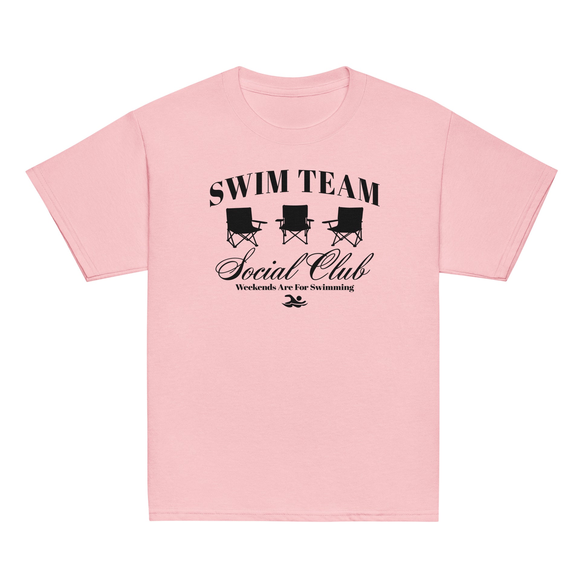 Swim Team Social Club Youth T-Shirt in pastel pink with black graphic print. Comfortable and cute swim apparel for kids.