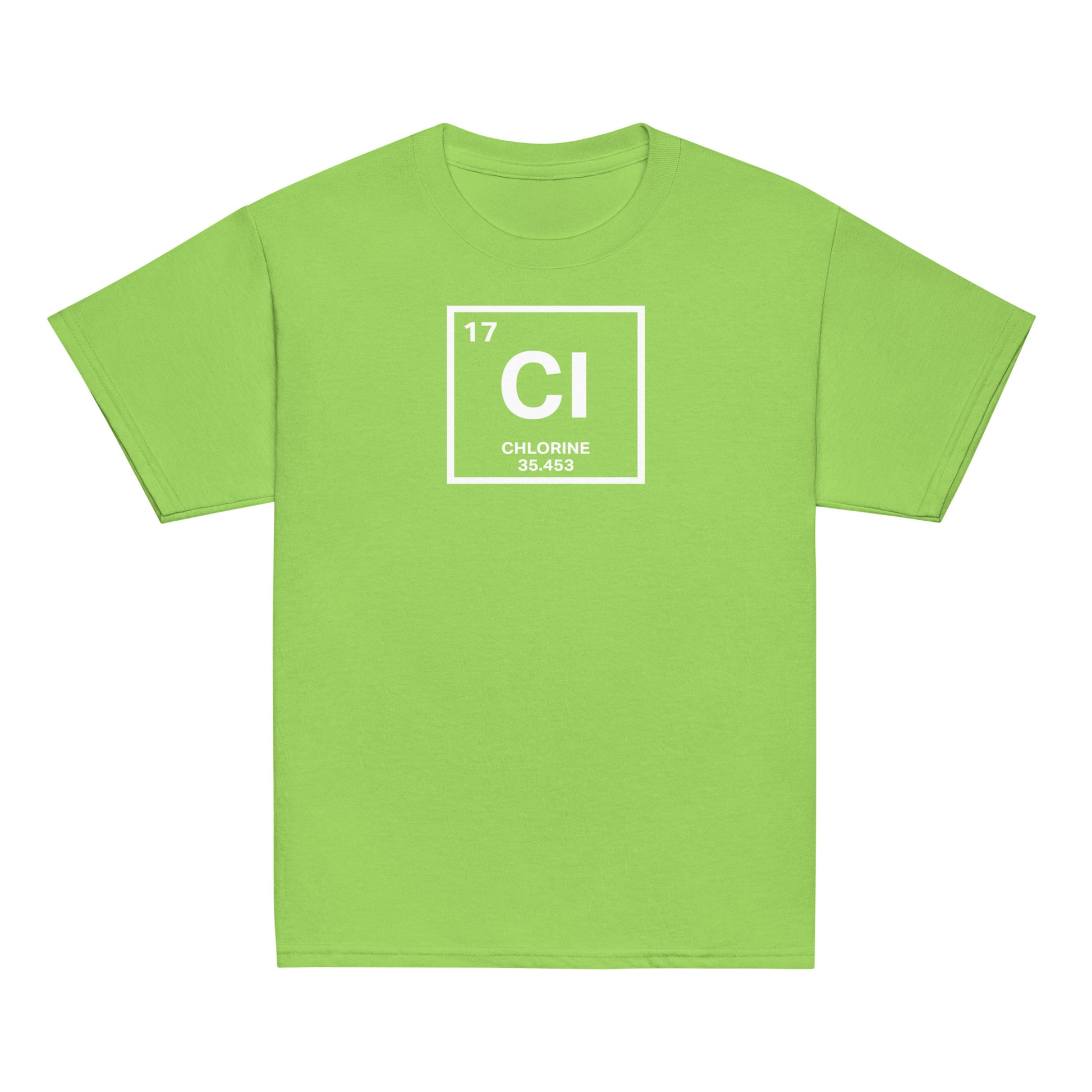 YOUTH Funny Swimmers Chlorine Periodic Table Symbol T-Shirt in green, a bright and fun tee for young swimmers and science lovers.