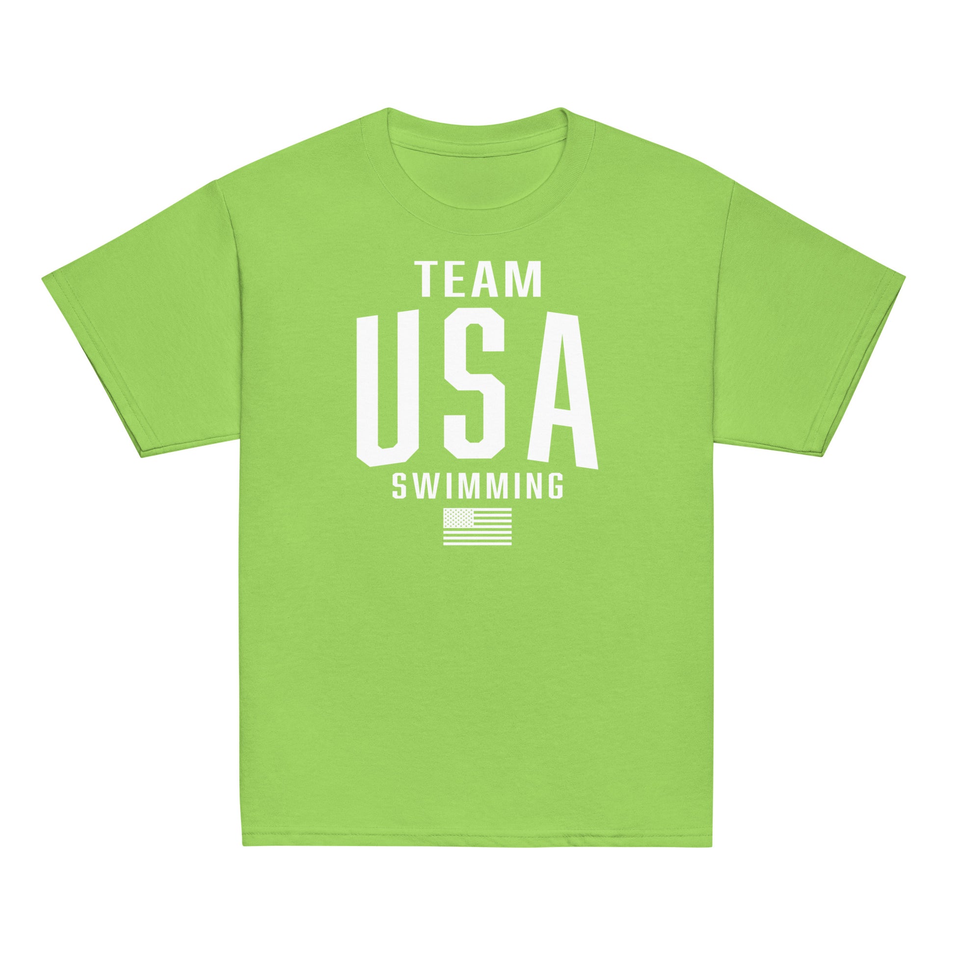 Green Team USA Swimming Patriotic Youth T-Shirt by TrendySwimmer with bold USA and flag design, great for energetic young swimmers.