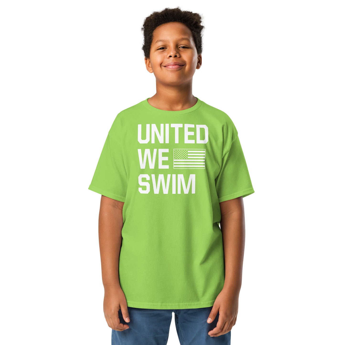 Lime green United We Swim Patriotic Youth T-Shirt by TrendySwimmer, fun and energetic swim youth tee for patriotic kids.
