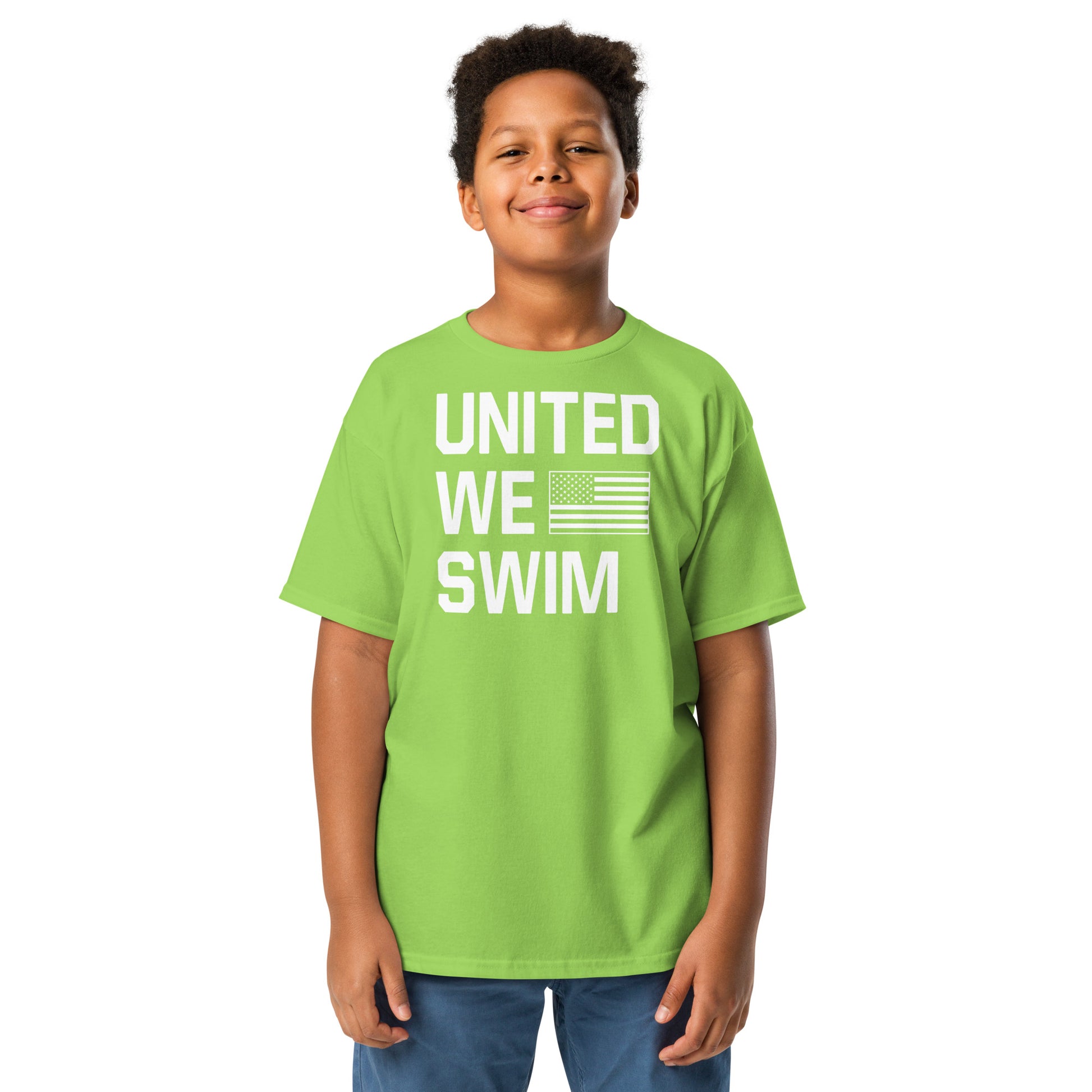 Lime green United We Swim Patriotic Youth T-Shirt by TrendySwimmer, fun and energetic swim youth tee for patriotic kids.