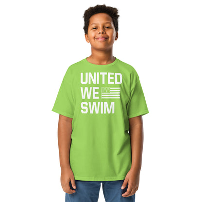 Lime green United We Swim Patriotic Youth T-Shirt by TrendySwimmer, fun and energetic swim youth tee for patriotic kids.