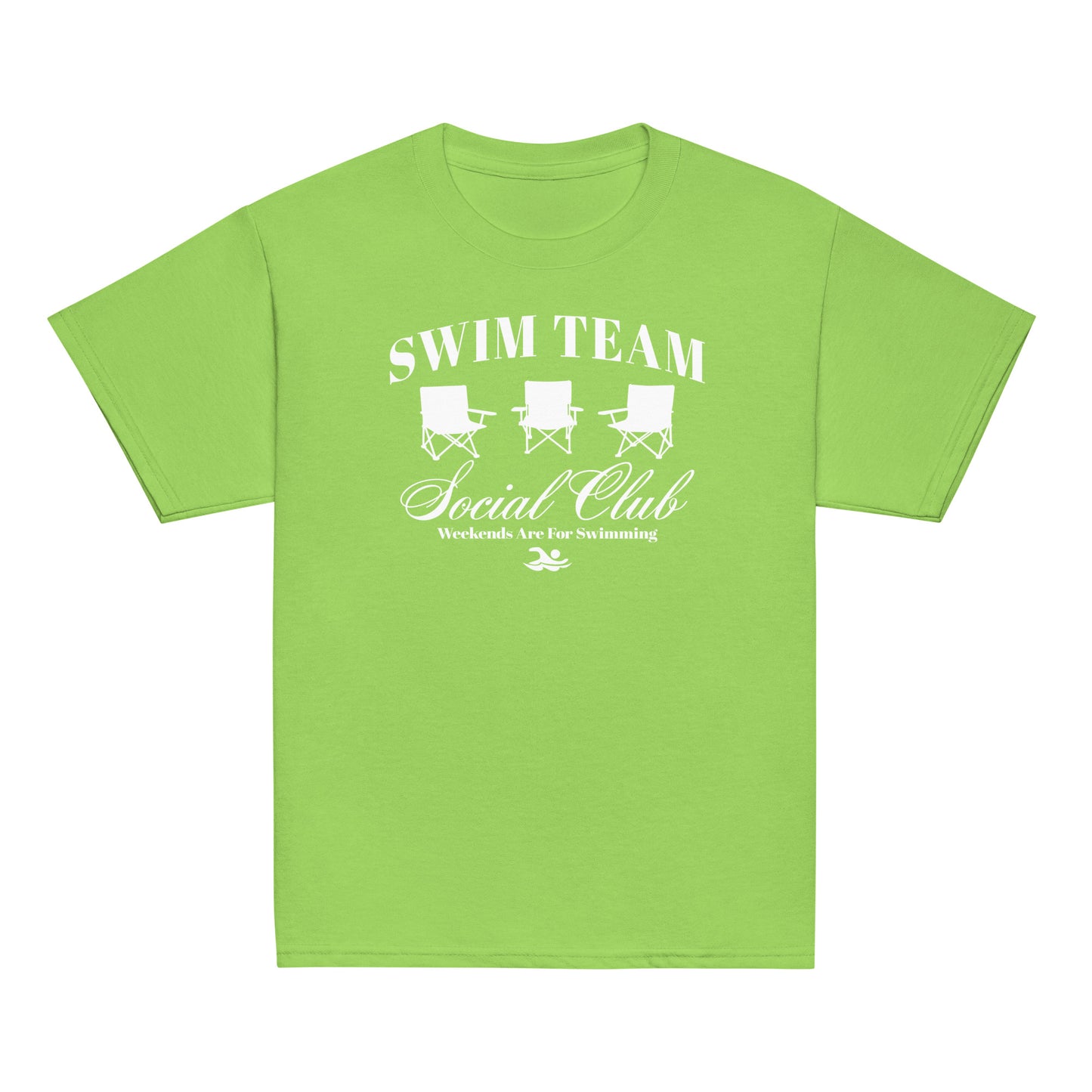 Lime green Swim Team Social Club Youth T-shirt by TrendySwimmer featuring white foldable chairs and swim lifestyle slogan.