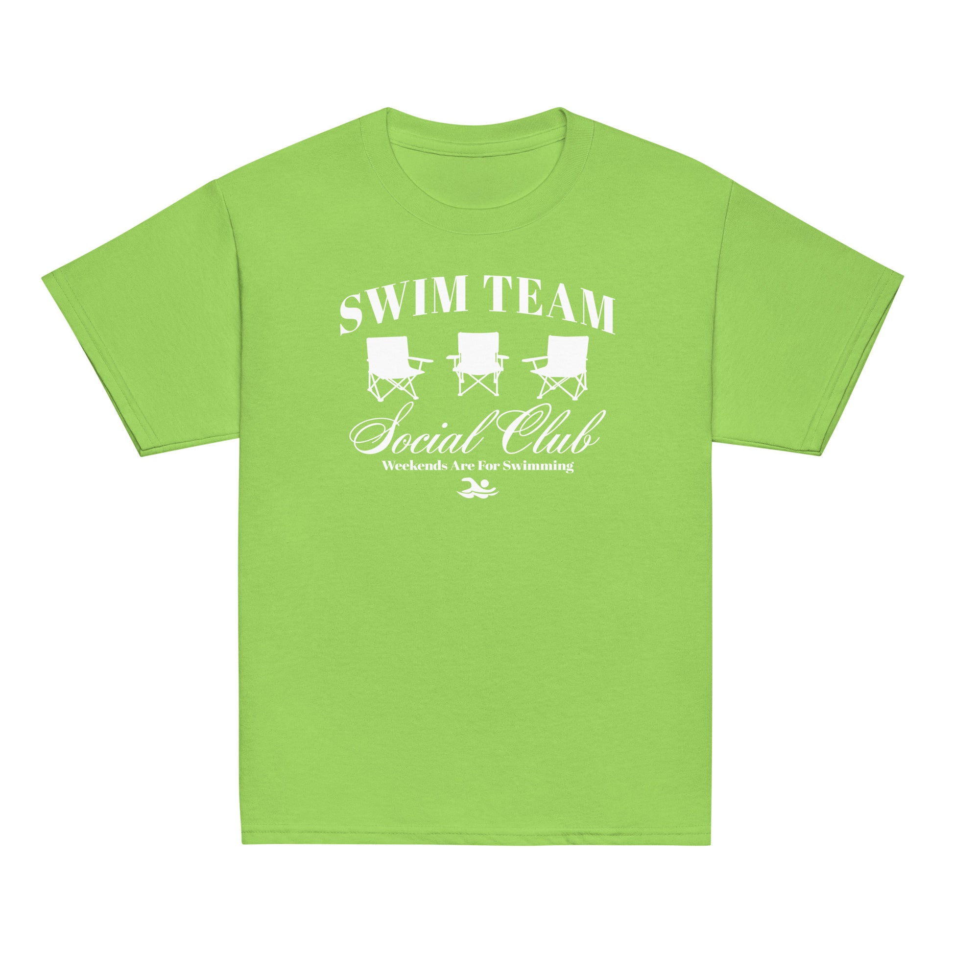 Lime green Swim Team Social Club Youth T-shirt by TrendySwimmer featuring white foldable chairs and swim lifestyle slogan.