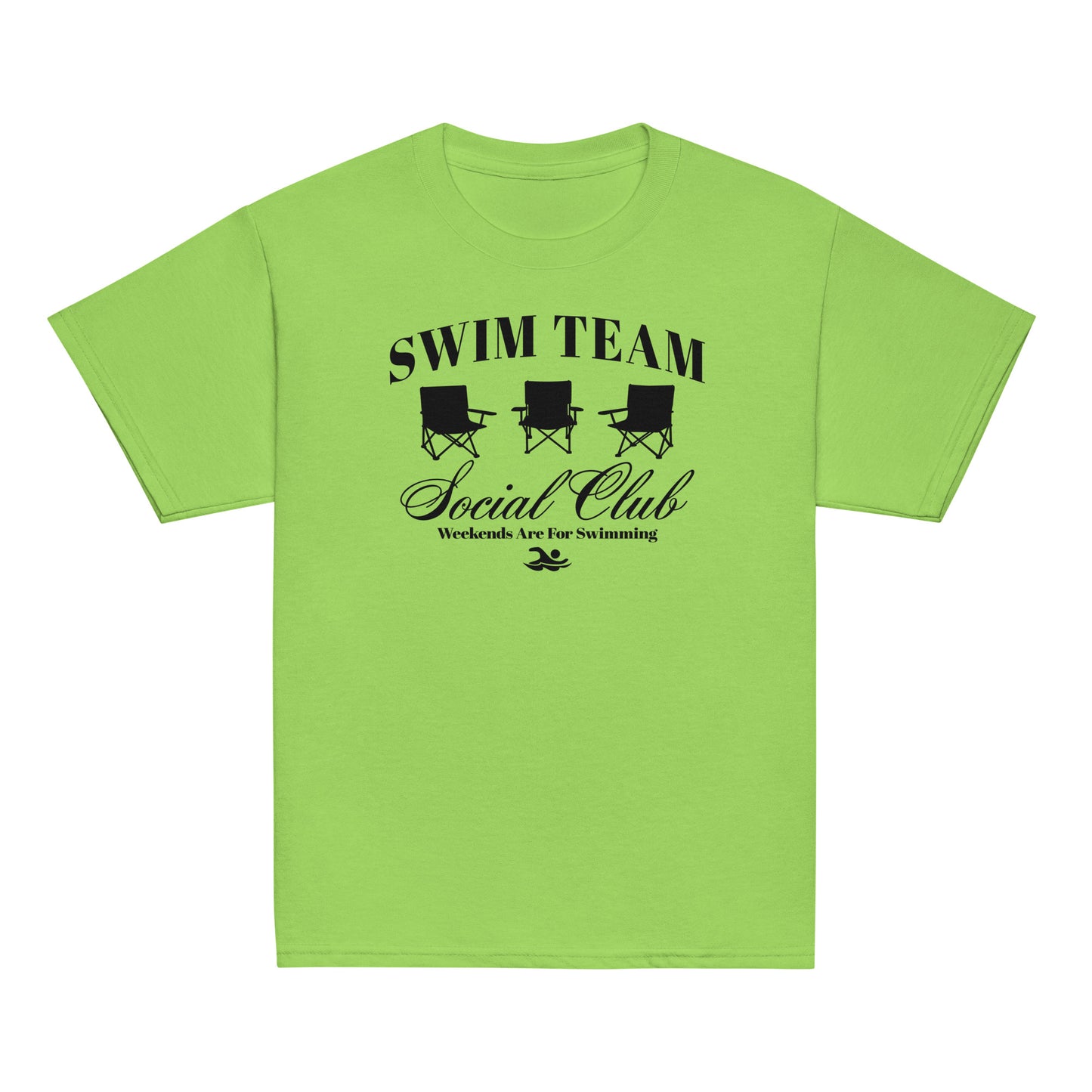 Swim Team Social Club Youth T-Shirt in light green featuring black foldable chair graphic. Great for kids who love swimming and team spirit.