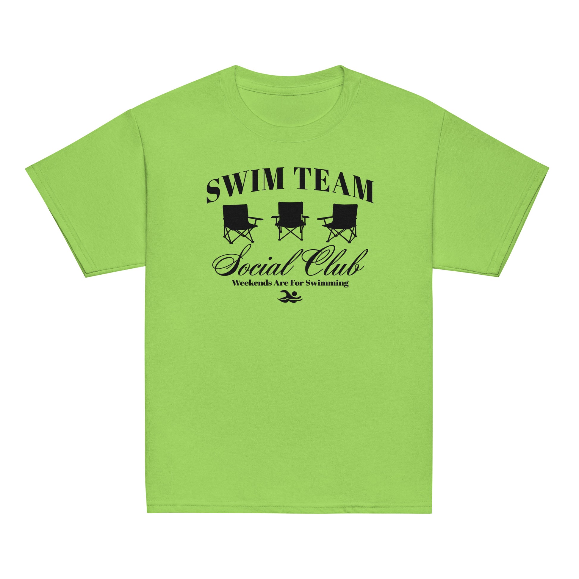 Swim Team Social Club Youth T-Shirt in light green featuring black foldable chair graphic. Great for kids who love swimming and team spirit.