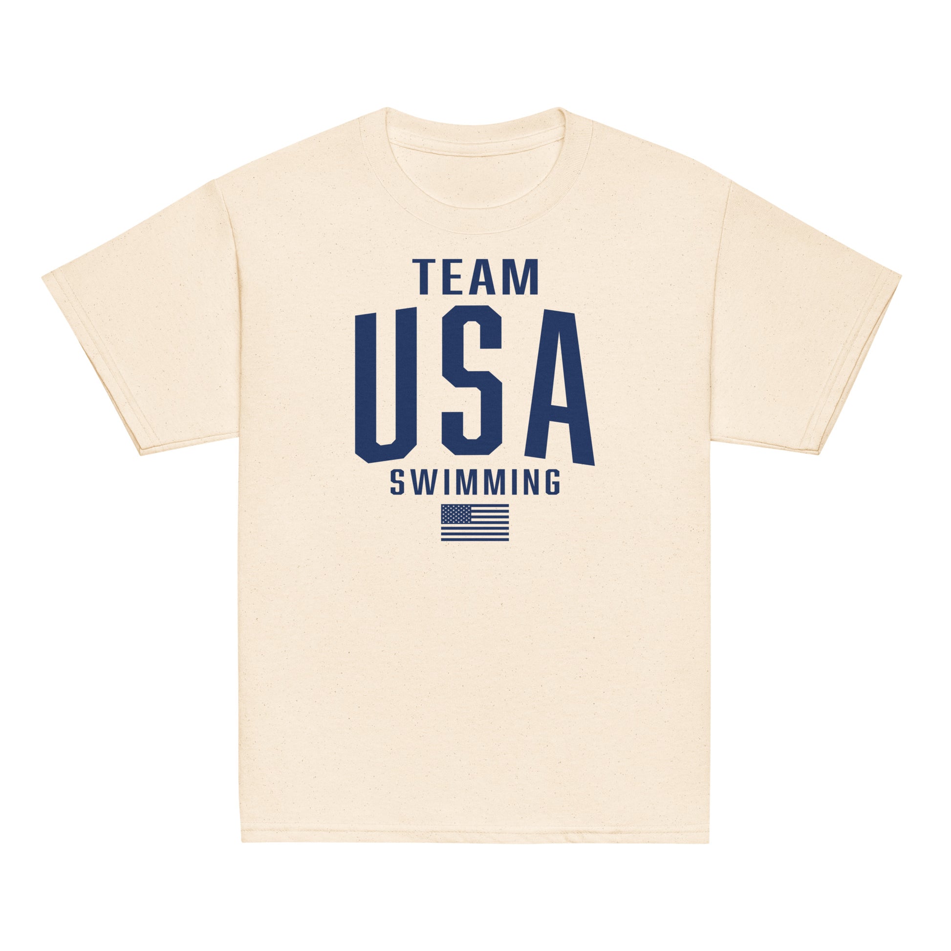 Team USA Swimming Patriotic Youth T-Shirt in natural beige with navy print. Eco-style light color tee for kids supporting USA Swimming.