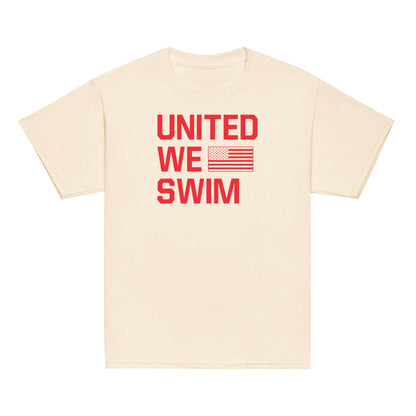 United We Swim Patriotic Youth T-Shirt in classic light beige with bold red text and American flag graphic. Ideal for kids' swim team apparel.