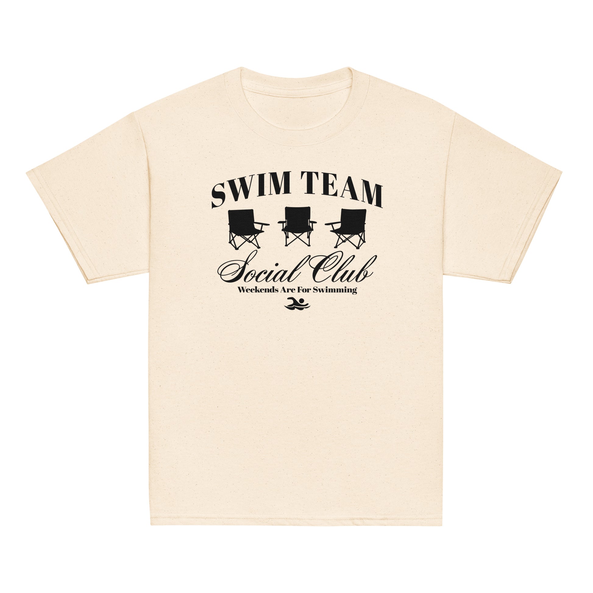 Swim Team Social Club Youth T-Shirt in natural beige with black swim club design. Eco-inspired color for stylish young swimmers.
