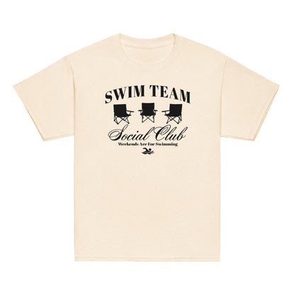 Swim Team Social Club Youth T-Shirt in natural beige with black swim club design. Eco-inspired color for stylish young swimmers.