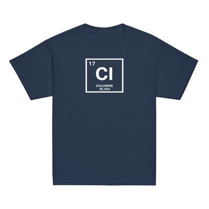 YOUTH Funny Swimmers Chlorine Periodic Table Symbol T-Shirt in navy blue, featuring a bold white chlorine element graphic for swim kids.