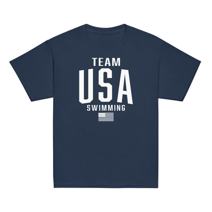Navy Team USA Swimming Patriotic Youth T-Shirt by TrendySwimmer with bold white lettering and American flag graphic, ideal for young swim fans.