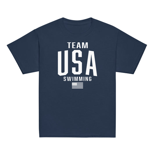 Navy Team USA Swimming Patriotic Youth T-Shirt by TrendySwimmer with bold white lettering and American flag graphic, ideal for young swim fans.