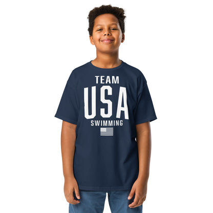Smiling boy in navy Team USA Swimming Patriotic Youth T-Shirt by TrendySwimmer, perfect for swim team pride and patriotic style.