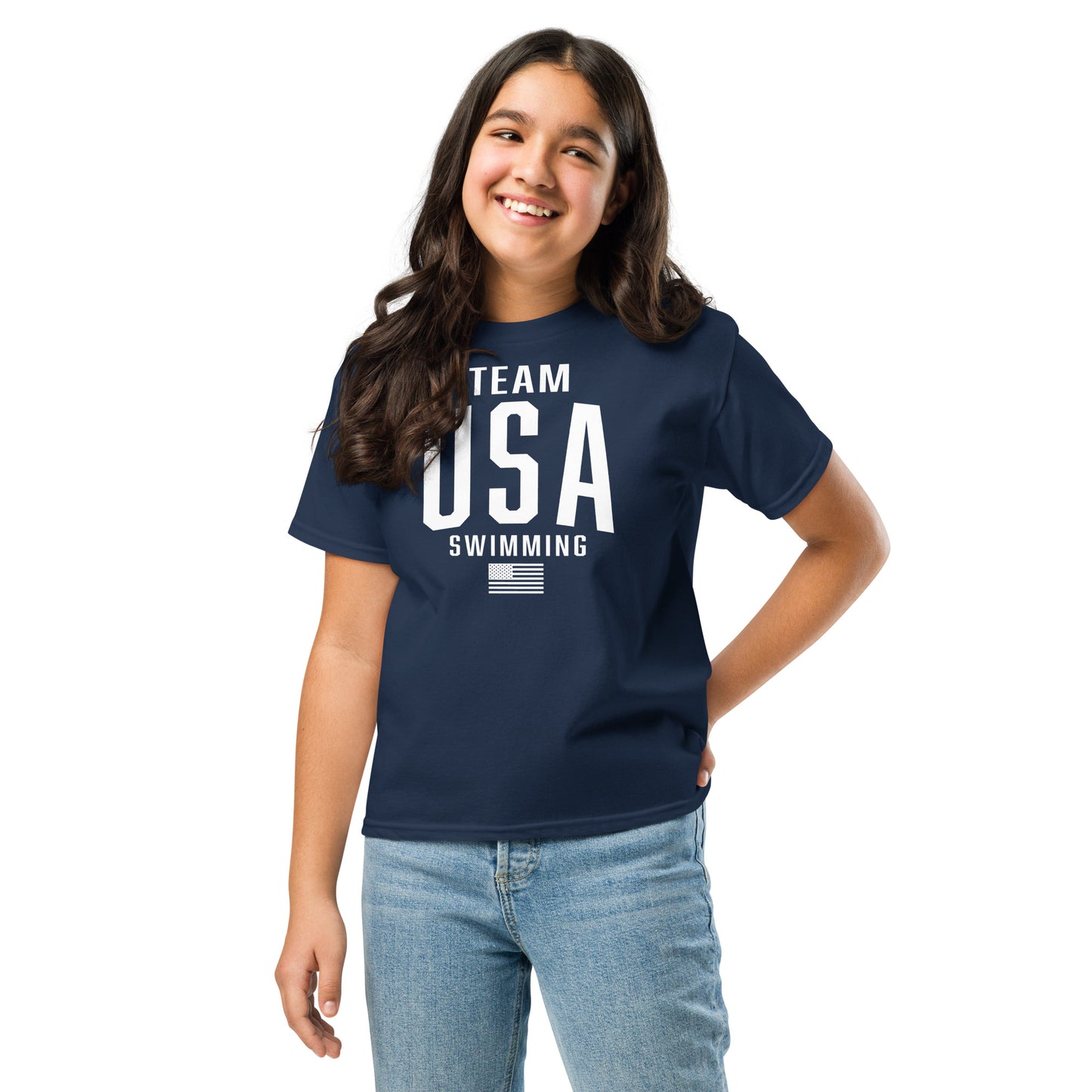 Smiling girl in navy Team USA Swimming Patriotic Youth T-Shirt by TrendySwimmer, a fun and sporty tee for young swimmers.