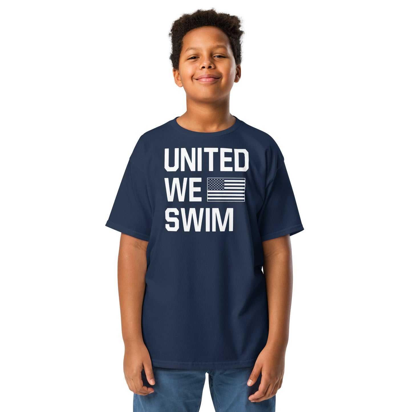 Navy United We Swim Patriotic Youth T-Shirt by TrendySwimmer with white text and flag, great for USA swim team supporters.