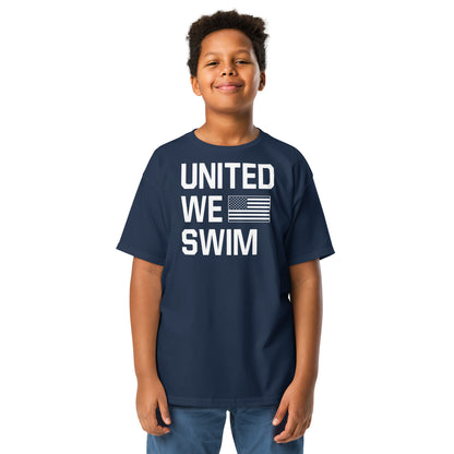 Navy United We Swim Patriotic Youth T-Shirt by TrendySwimmer with white text and flag, great for USA swim team supporters.