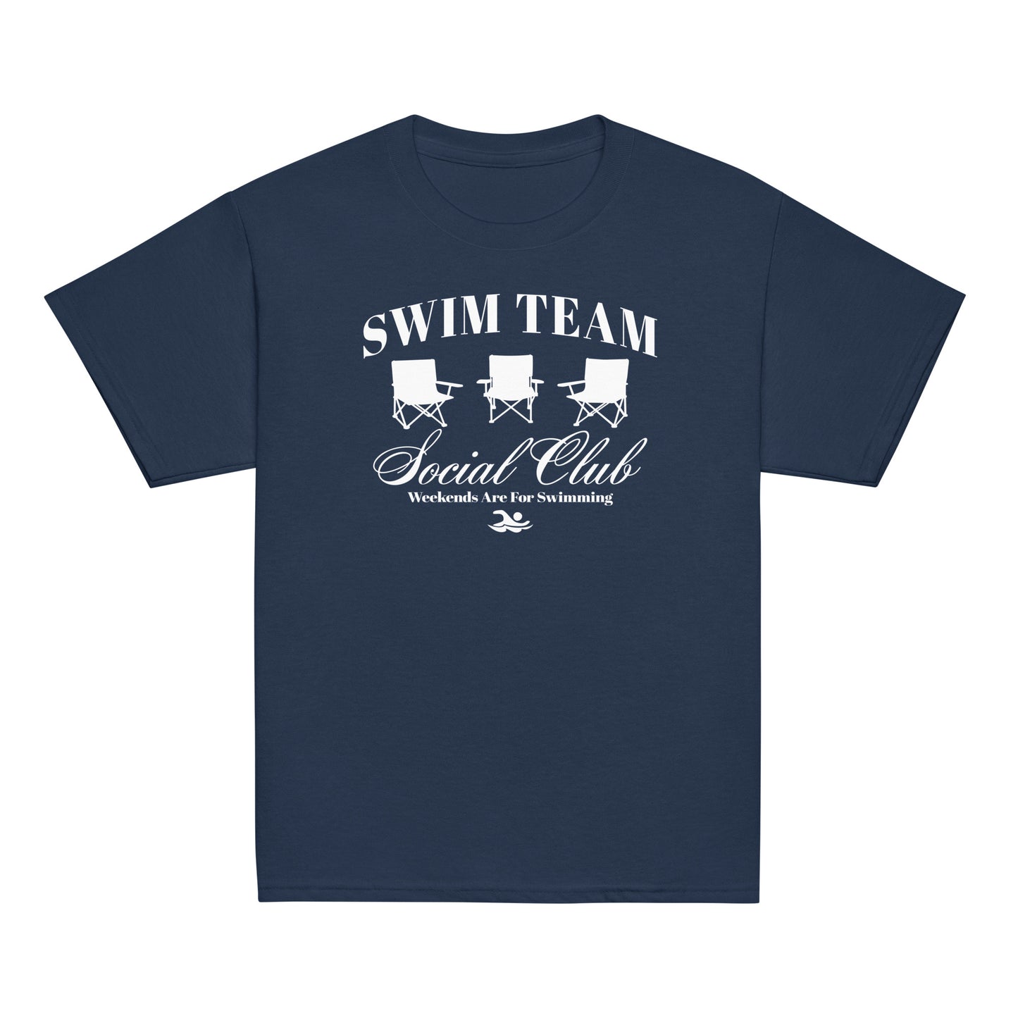 Navy Swim Team Social Club Youth T-shirt by TrendySwimmer featuring white foldable chair graphic and swim club slogan.