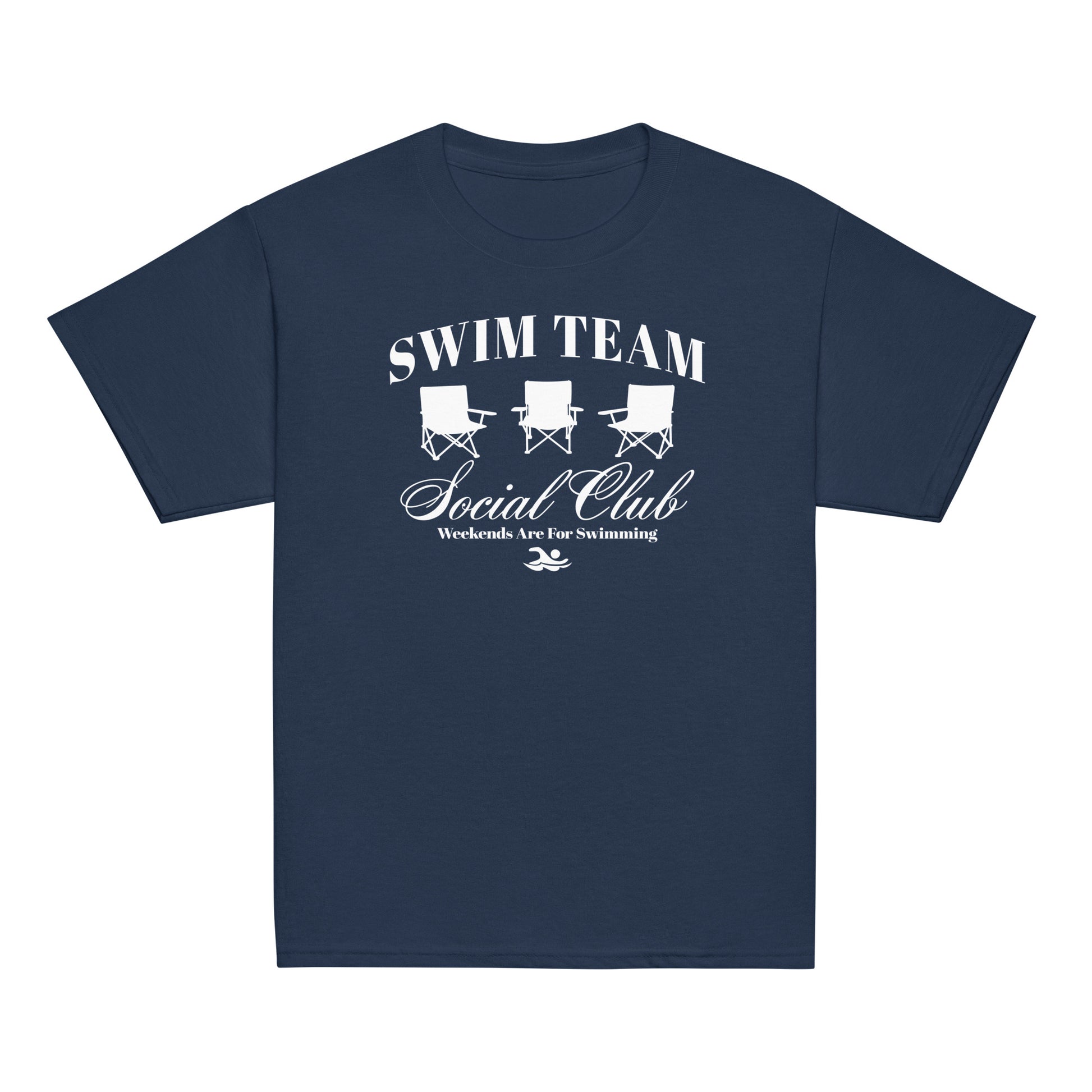 Navy Swim Team Social Club Youth T-shirt by TrendySwimmer featuring white foldable chair graphic and swim club slogan.