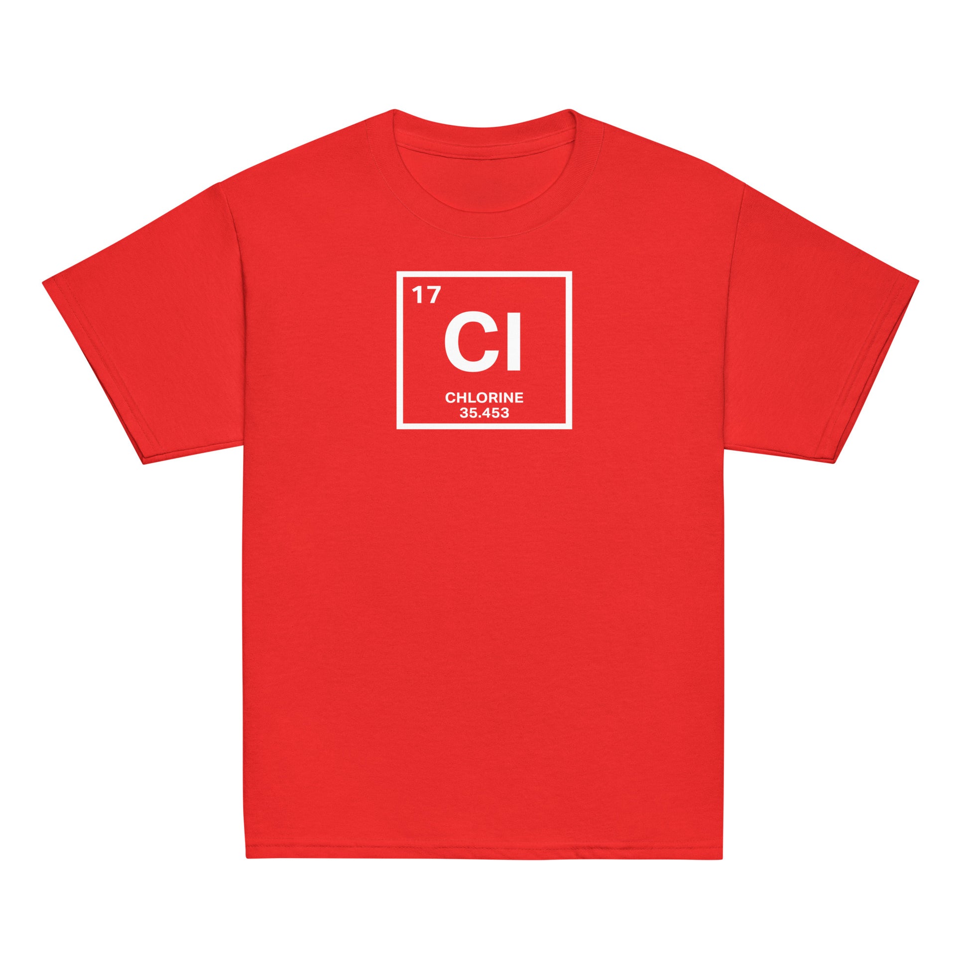 YOUTH Funny Swimmers Chlorine Periodic Table Symbol T-Shirt in red, designed for young swimmers with a love for science and humor.