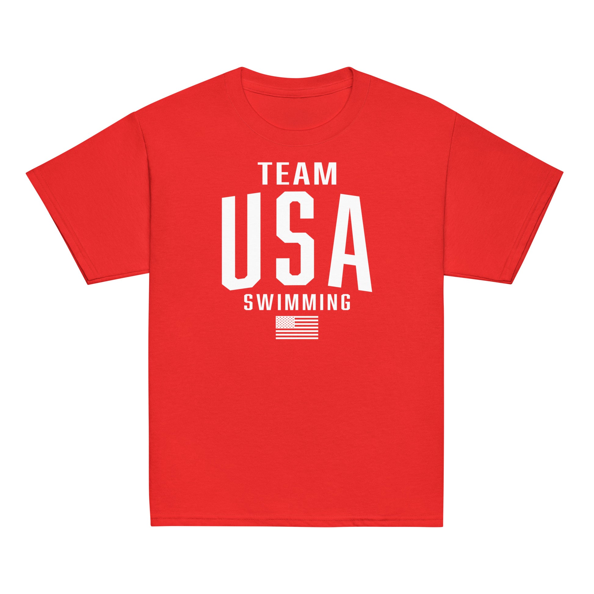 Red Team USA Swimming Patriotic Youth T-Shirt by TrendySwimmer featuring bold white USA lettering and flag, ideal for patriotic kids.
