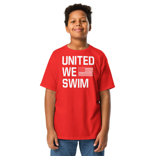 Red United We Swim Patriotic Youth T-Shirt by TrendySwimmer featuring bold white text and American flag graphic, ideal for active kids.
