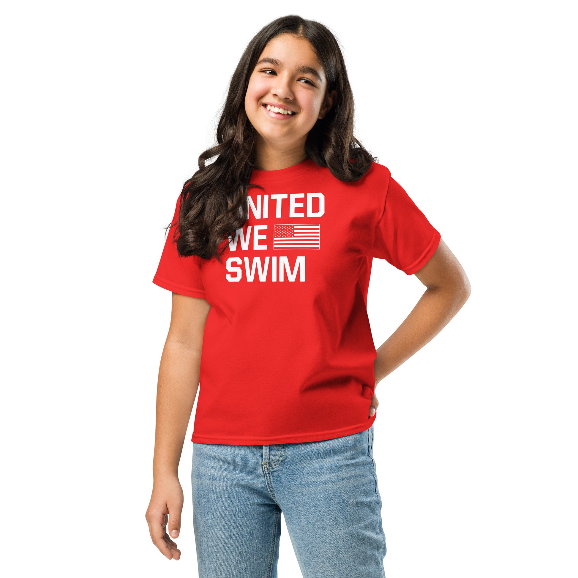 Girl wearing red United We Swim Patriotic Youth T-Shirt by TrendySwimmer, perfect for swim team pride and patriotic youth apparel.
