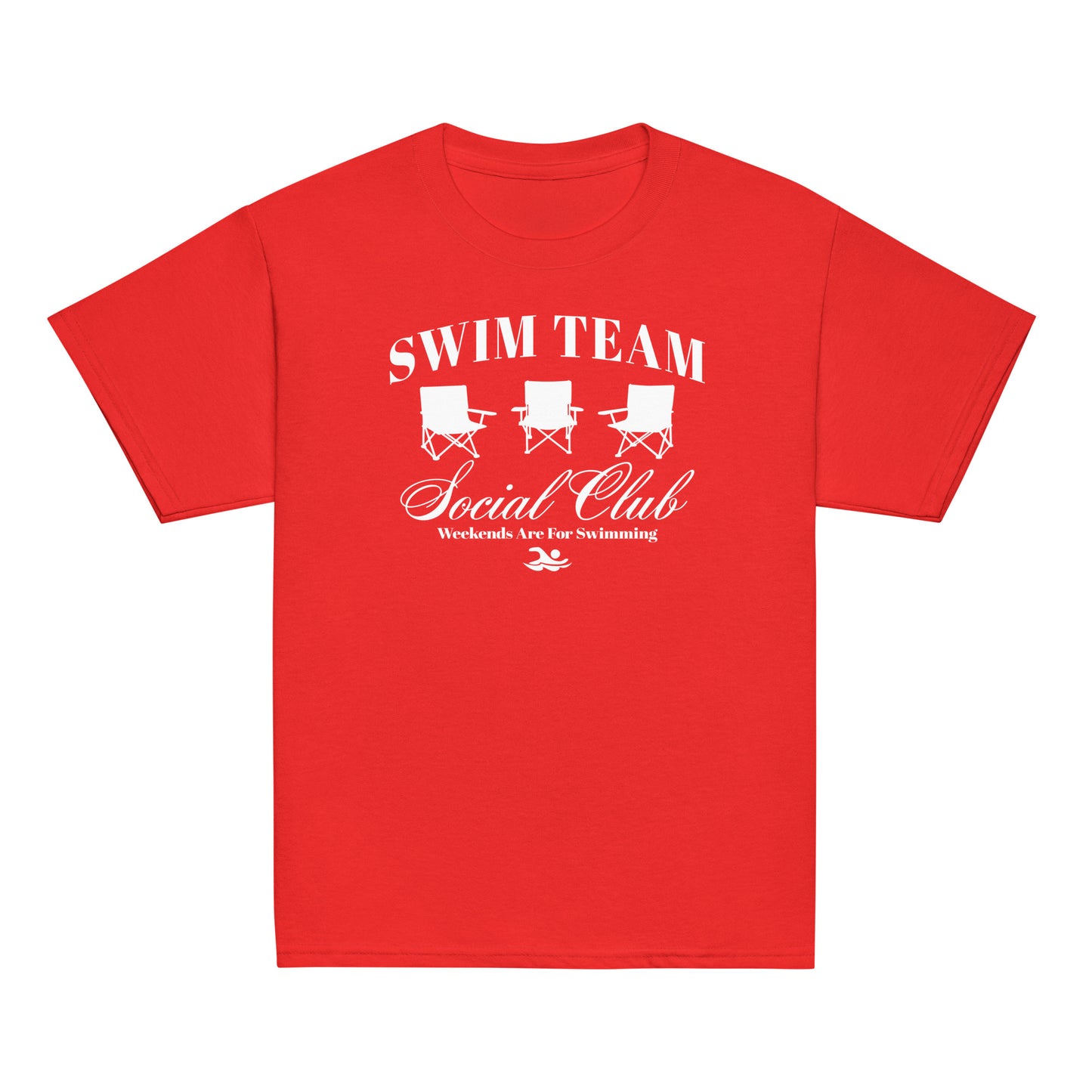 Red Swim Team Social Club Youth T-shirt by TrendySwimmer with white graphic of foldable chairs and swim-themed text.