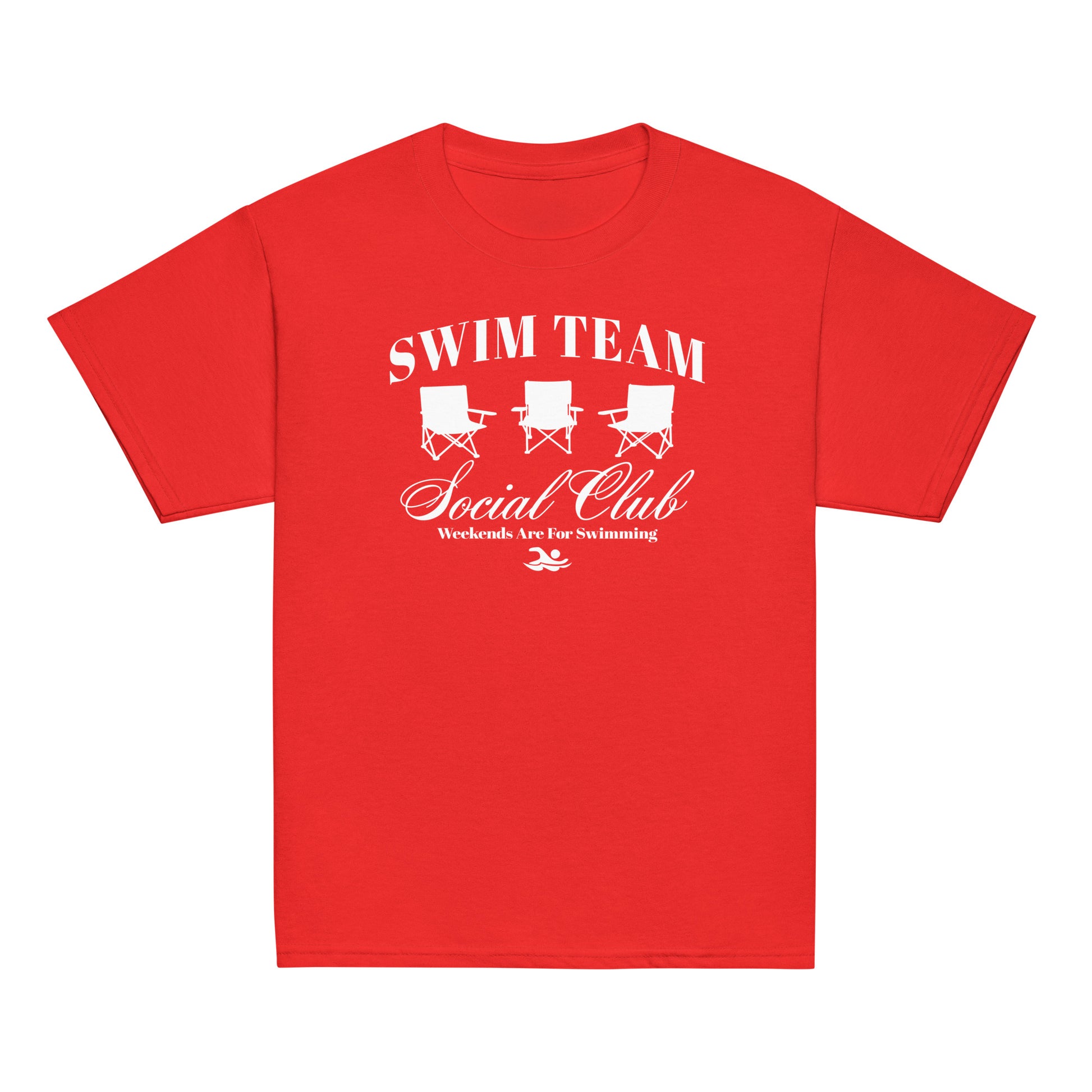 Red Swim Team Social Club Youth T-shirt by TrendySwimmer with white graphic of foldable chairs and swim-themed text.