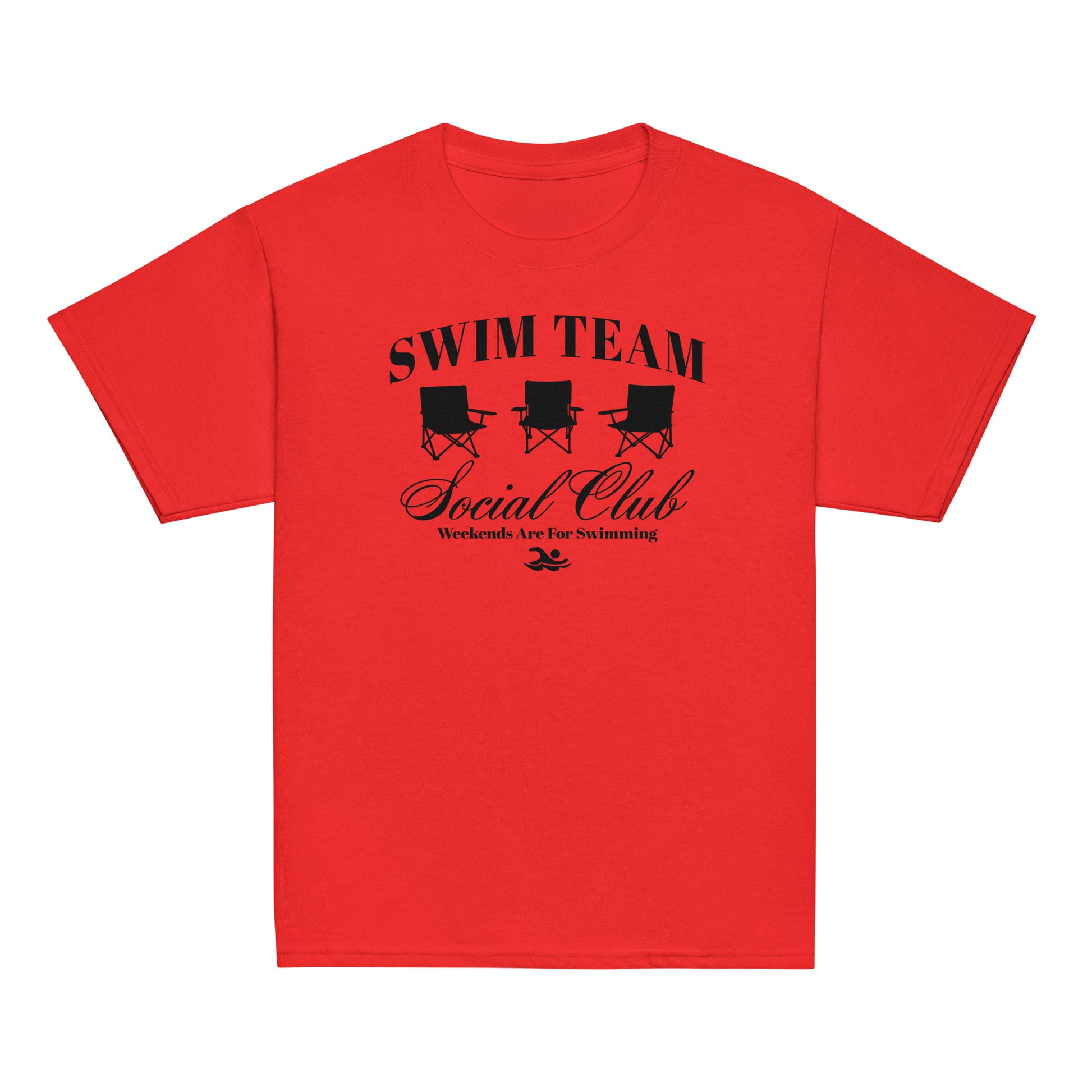 Swim Team Social Club Youth T-Shirt in bright red featuring black three-chair design and swim slogan. Ideal for swim meets and casual wear.