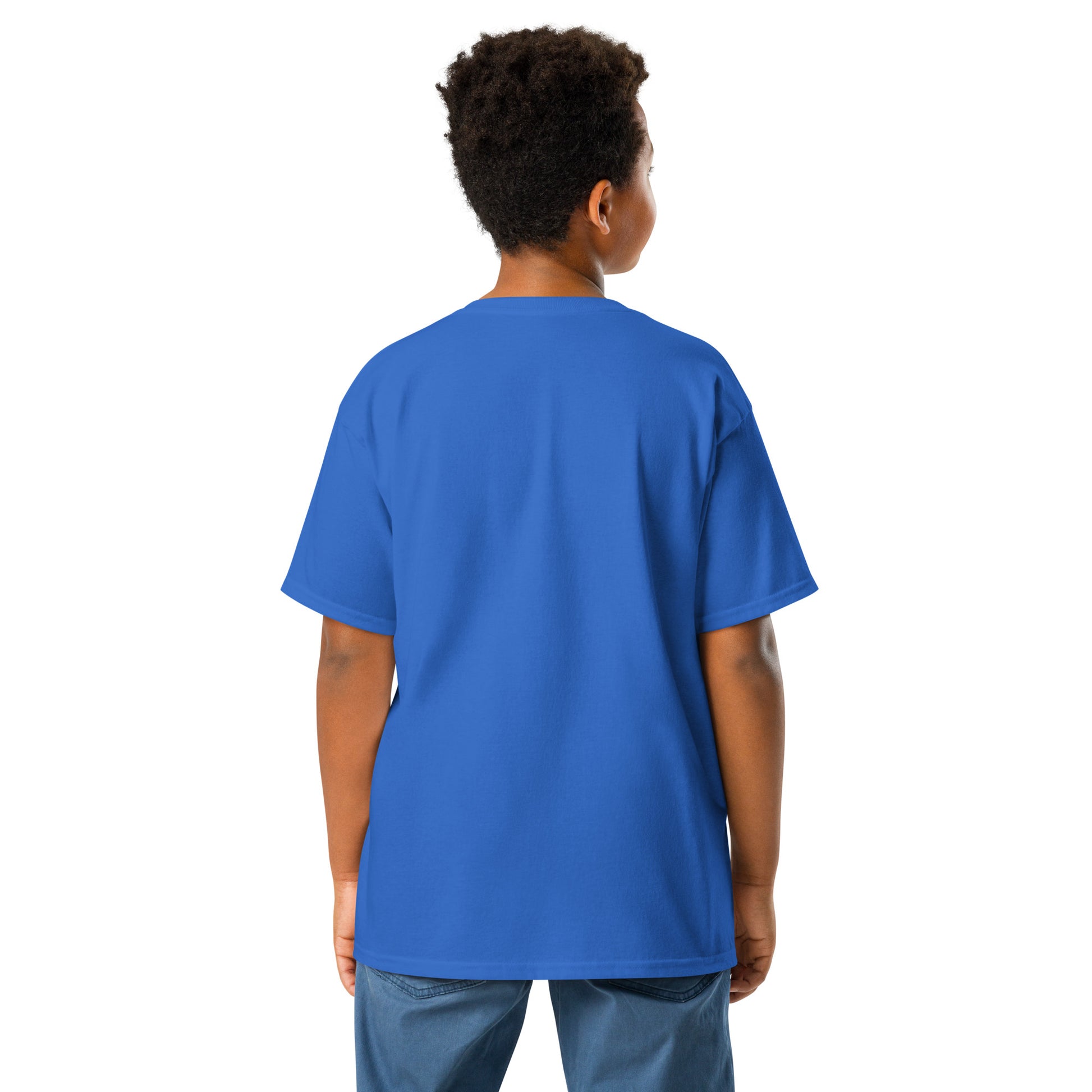 Back view of boy wearing the YOUTH Funny Swimmers Chlorine Periodic Table Symbol T-Shirt, highlighting the shirt’s solid blue color and fit.
