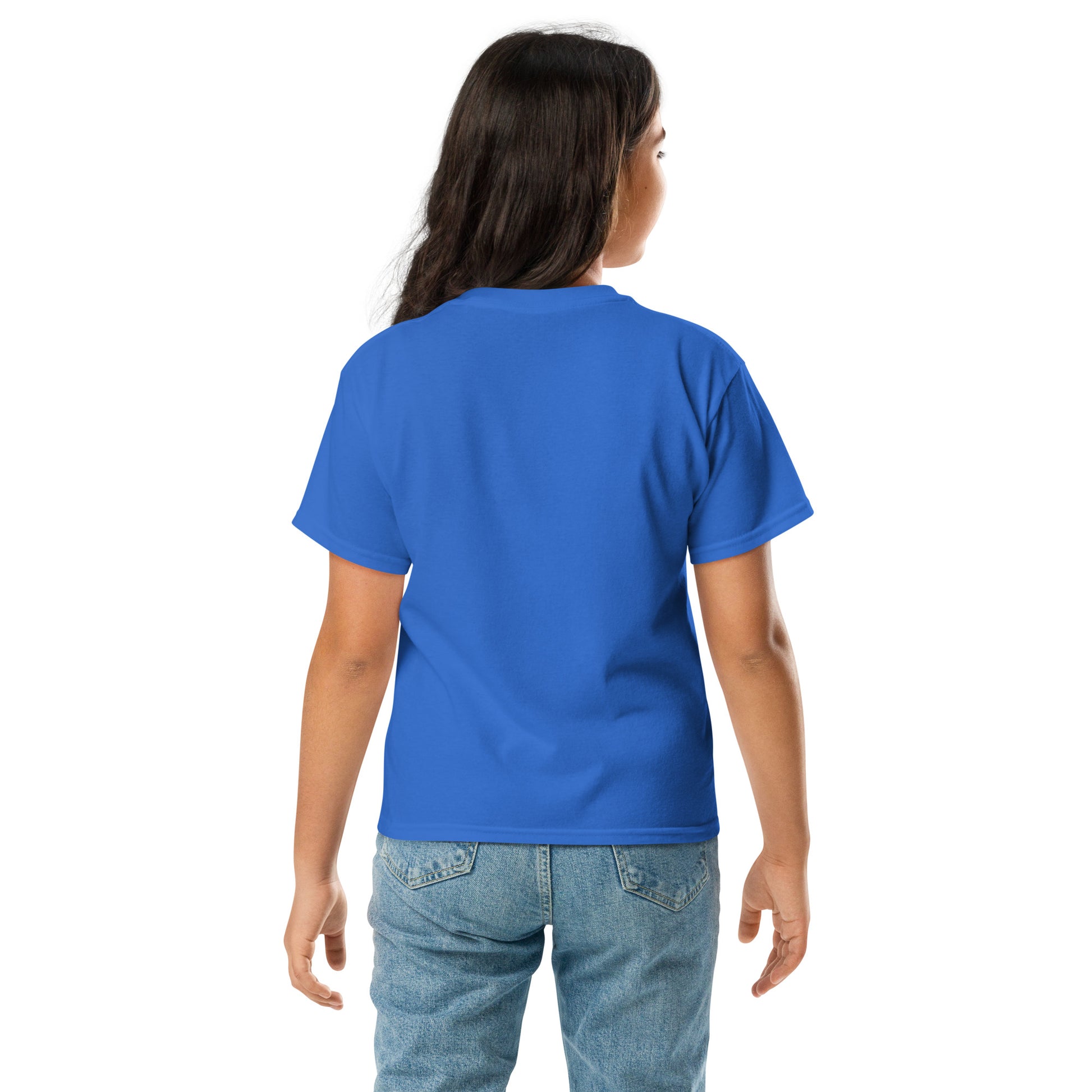 Back view of girl wearing the YOUTH Funny Swimmers Chlorine Periodic Table Symbol T-Shirt, showing the shirt’s comfortable youth fit.