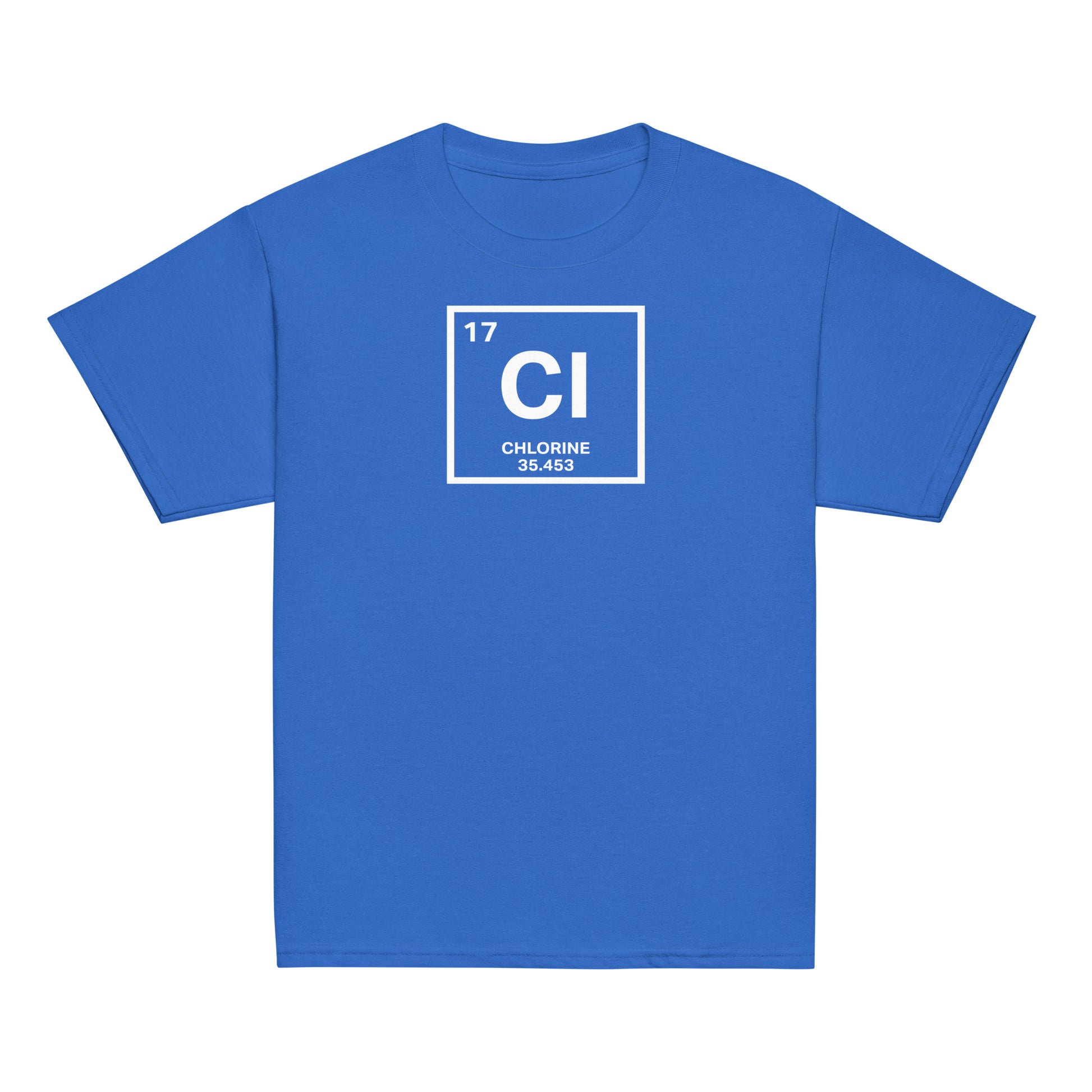 YOUTH Funny Swimmers Chlorine Periodic Table Symbol T-Shirt in royal blue with white chlorine element print, perfect for swim kids and science lovers.