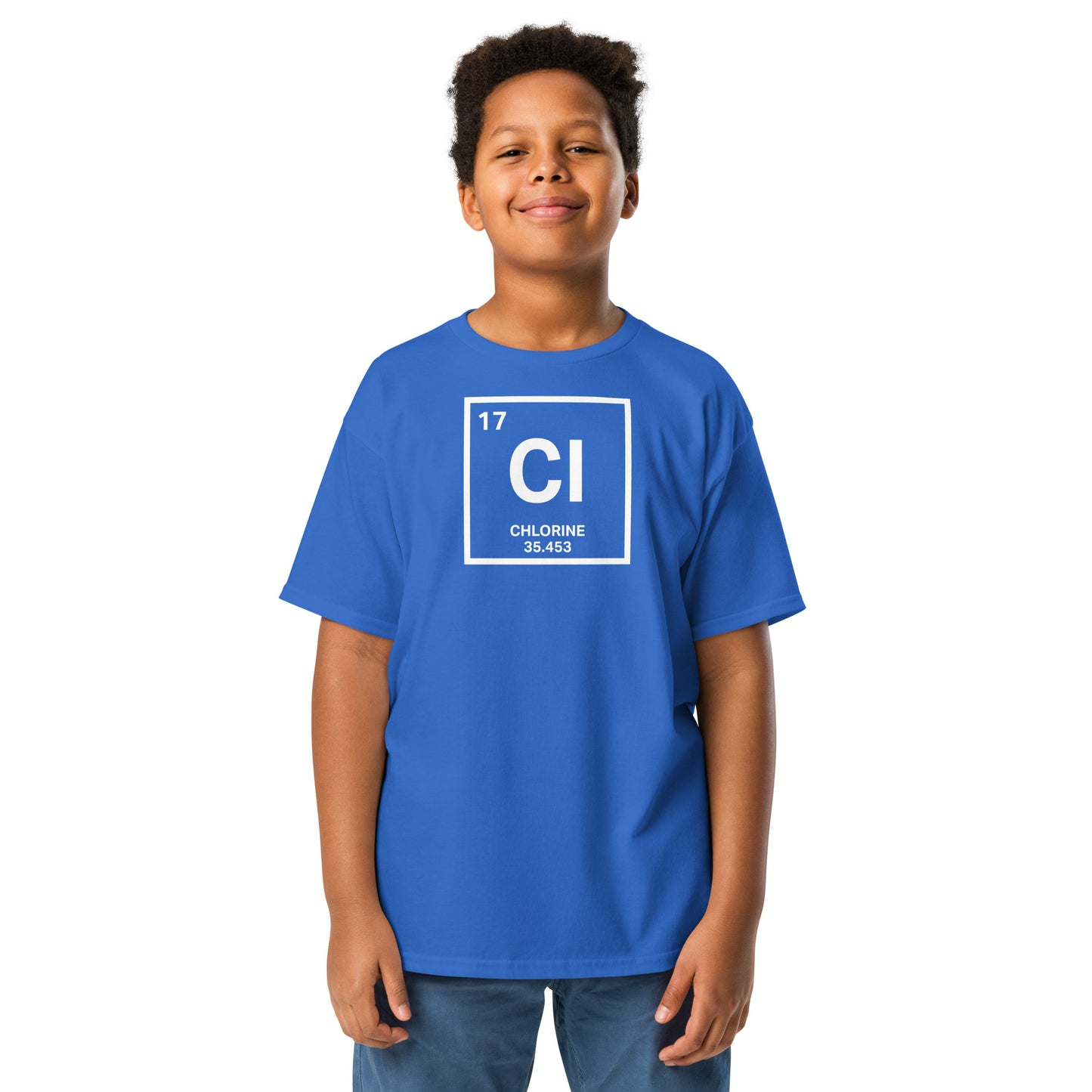 Boy modeling the YOUTH Funny Swimmers Chlorine Periodic Table Symbol T-Shirt in blue, showcasing the science-themed chlorine design.