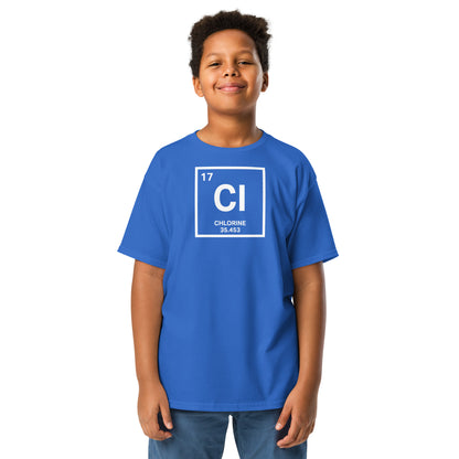 Boy modeling the YOUTH Funny Swimmers Chlorine Periodic Table Symbol T-Shirt in blue, showcasing the science-themed chlorine design.