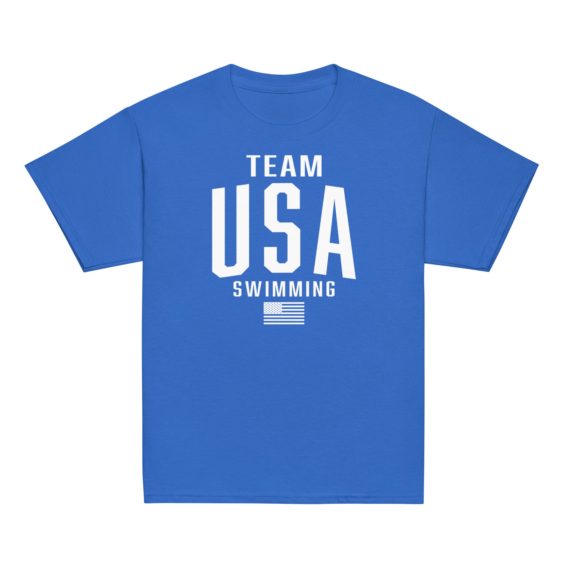 Royal blue Team USA Swimming Patriotic Youth T-Shirt by TrendySwimmer with white USA and flag print, great for swim team spirit wear.