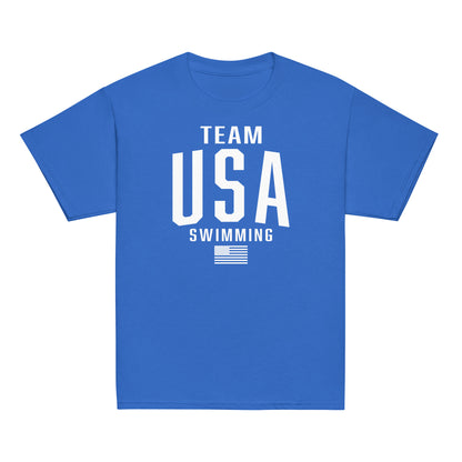 Royal blue Team USA Swimming Patriotic Youth T-Shirt by TrendySwimmer with white USA and flag print, great for swim team spirit wear.