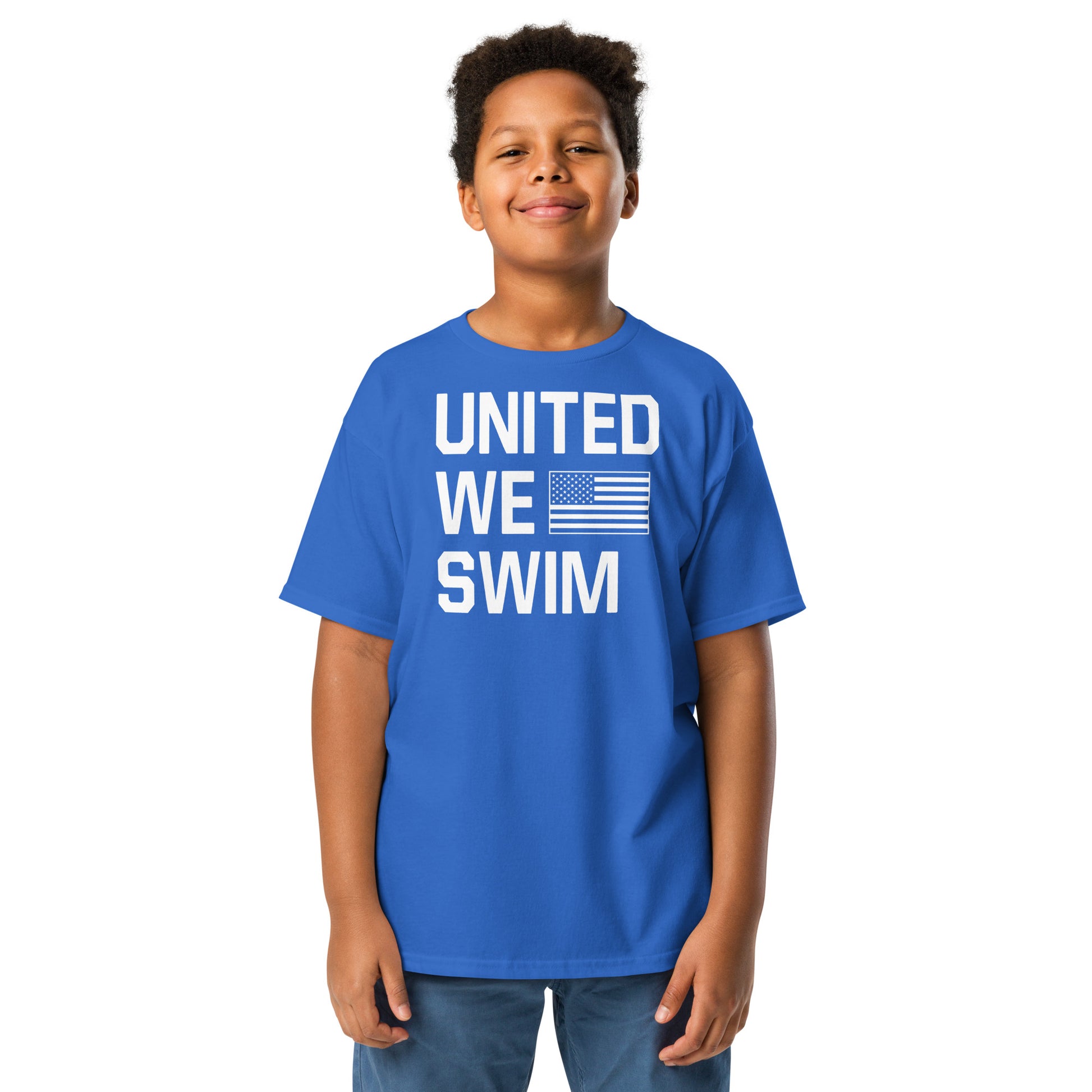 Royal blue United We Swim Patriotic Youth T-Shirt by TrendySwimmer, unisex design for kids who love swimming and country.