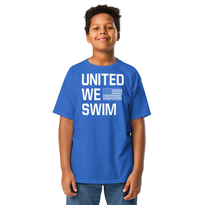 Royal blue United We Swim Patriotic Youth T-Shirt by TrendySwimmer, unisex design for kids who love swimming and country.