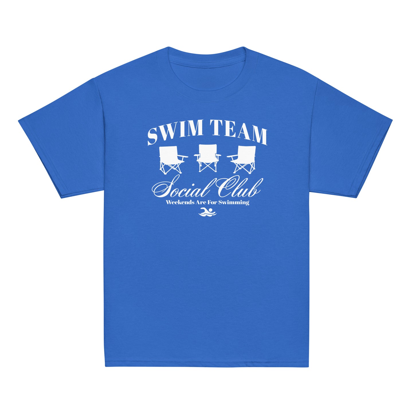 Royal blue Swim Team Social Club Youth T-shirt by TrendySwimmer with white graphic of three foldable chairs and swim-themed text.