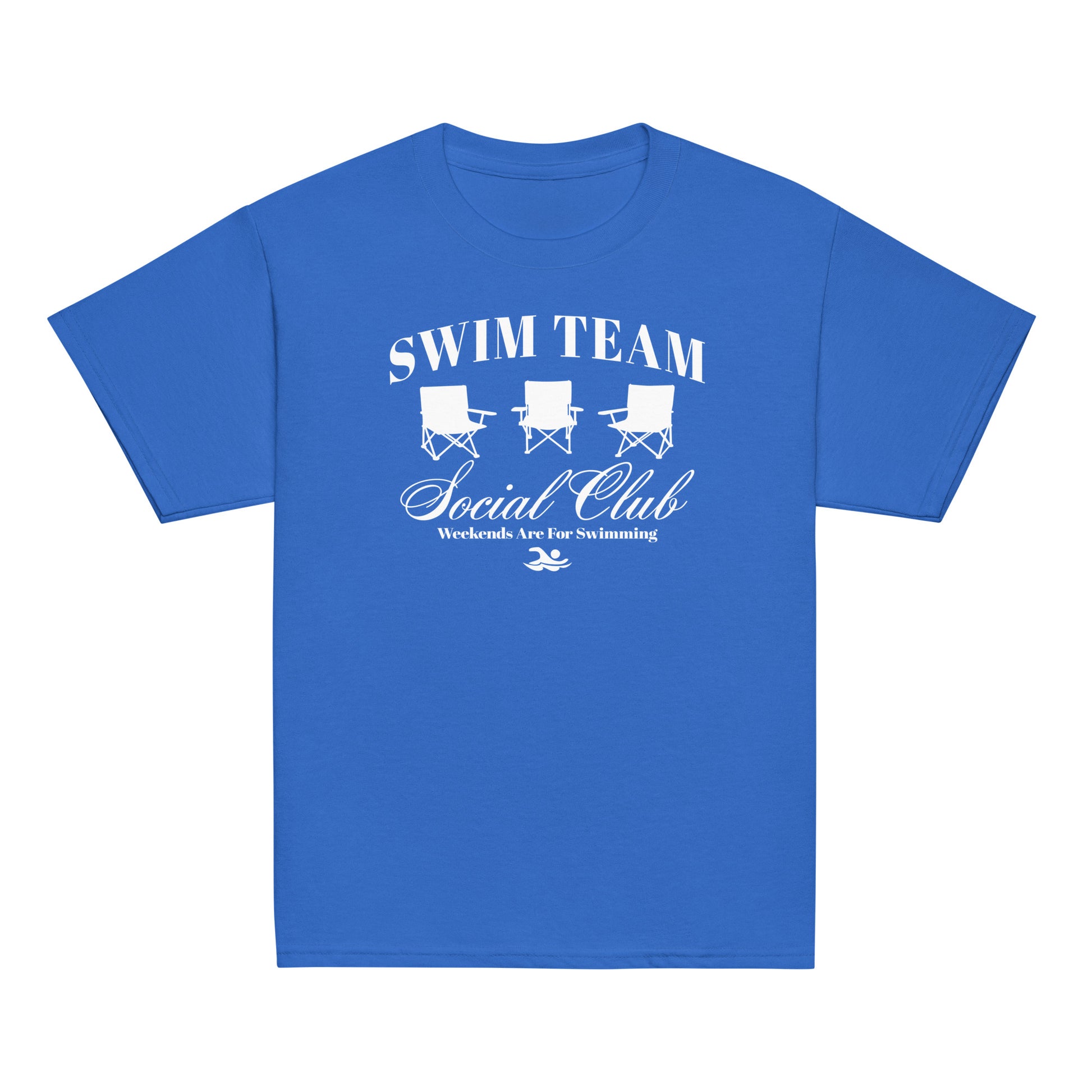 Royal blue Swim Team Social Club Youth T-shirt by TrendySwimmer with white graphic of three foldable chairs and swim-themed text.