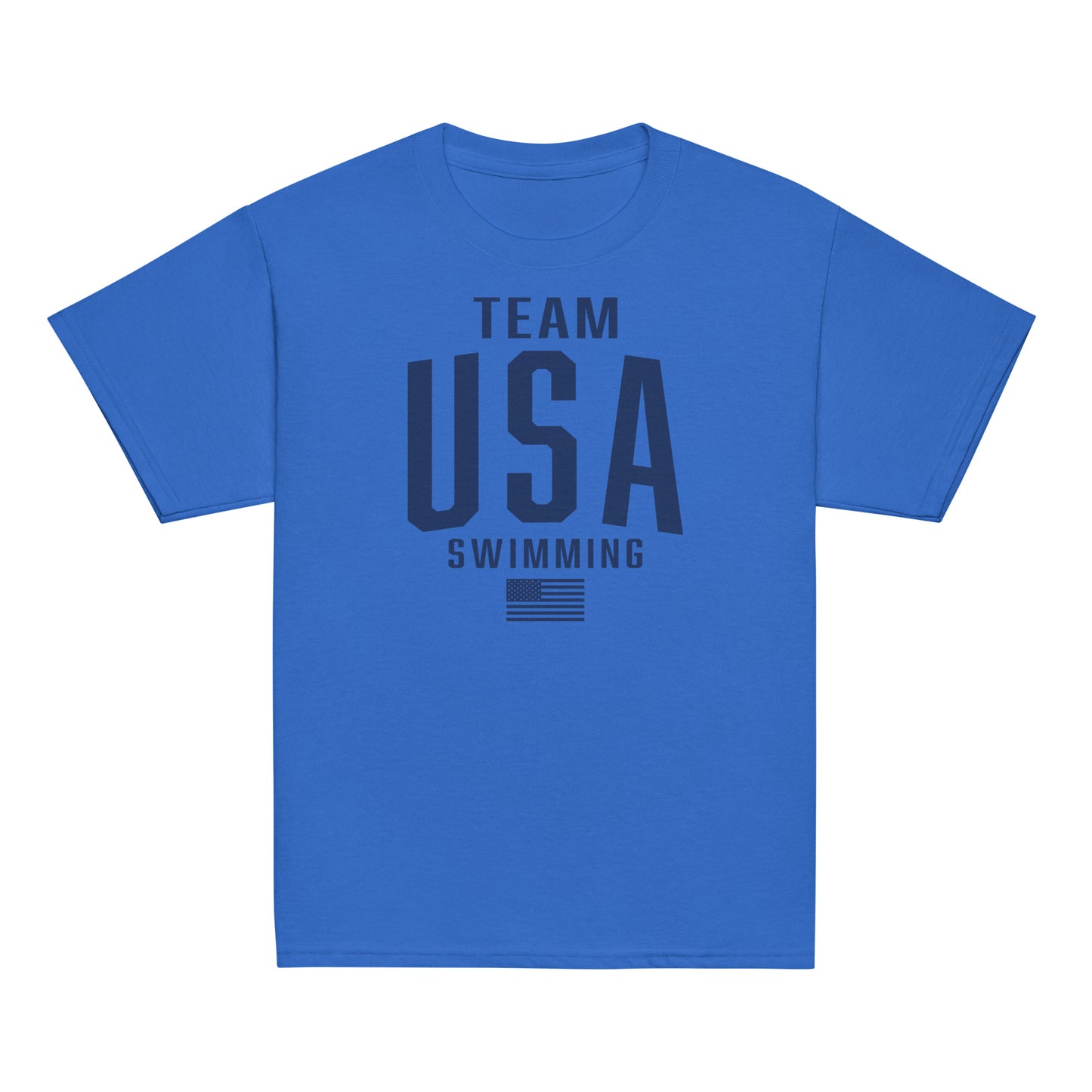 Team USA Swimming Patriotic Youth T-Shirt in royal blue with dark navy print. Youth swim shirt combining bold style and patriotic spirit.