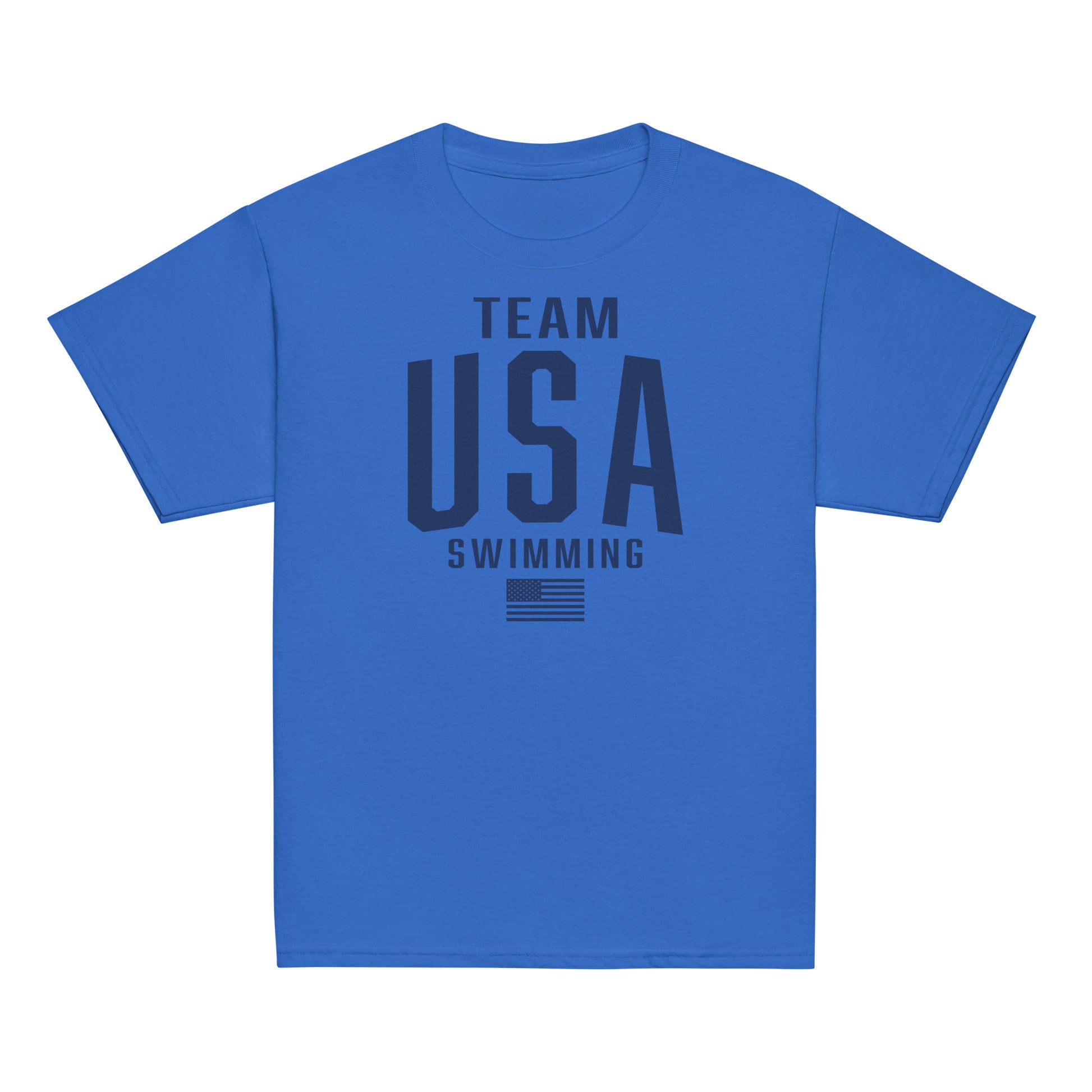 Team USA Swimming Patriotic Youth T-Shirt in royal blue with dark navy print. Youth swim shirt combining bold style and patriotic spirit.