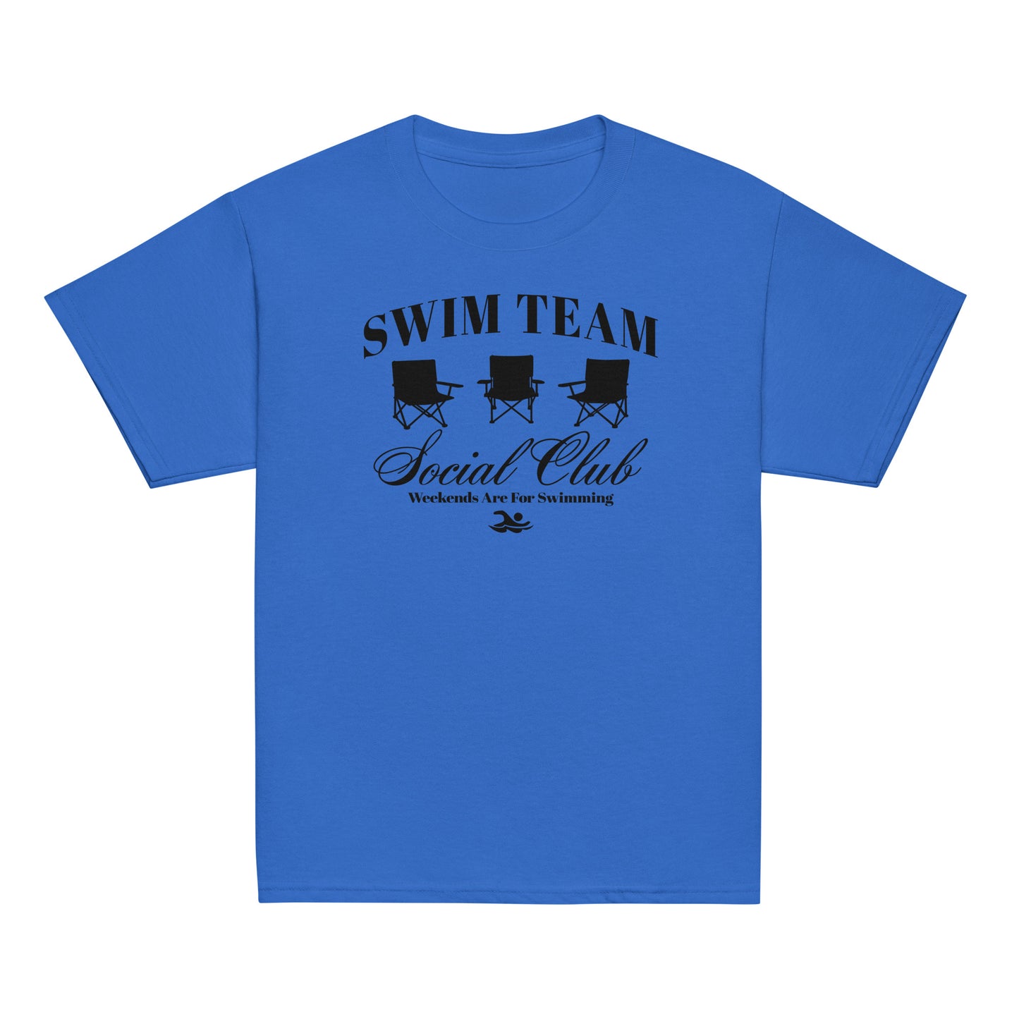 Swim Team Social Club Youth T-Shirt in classic royal blue with bold black swim club graphic. Durable and stylish for young swim enthusiasts.