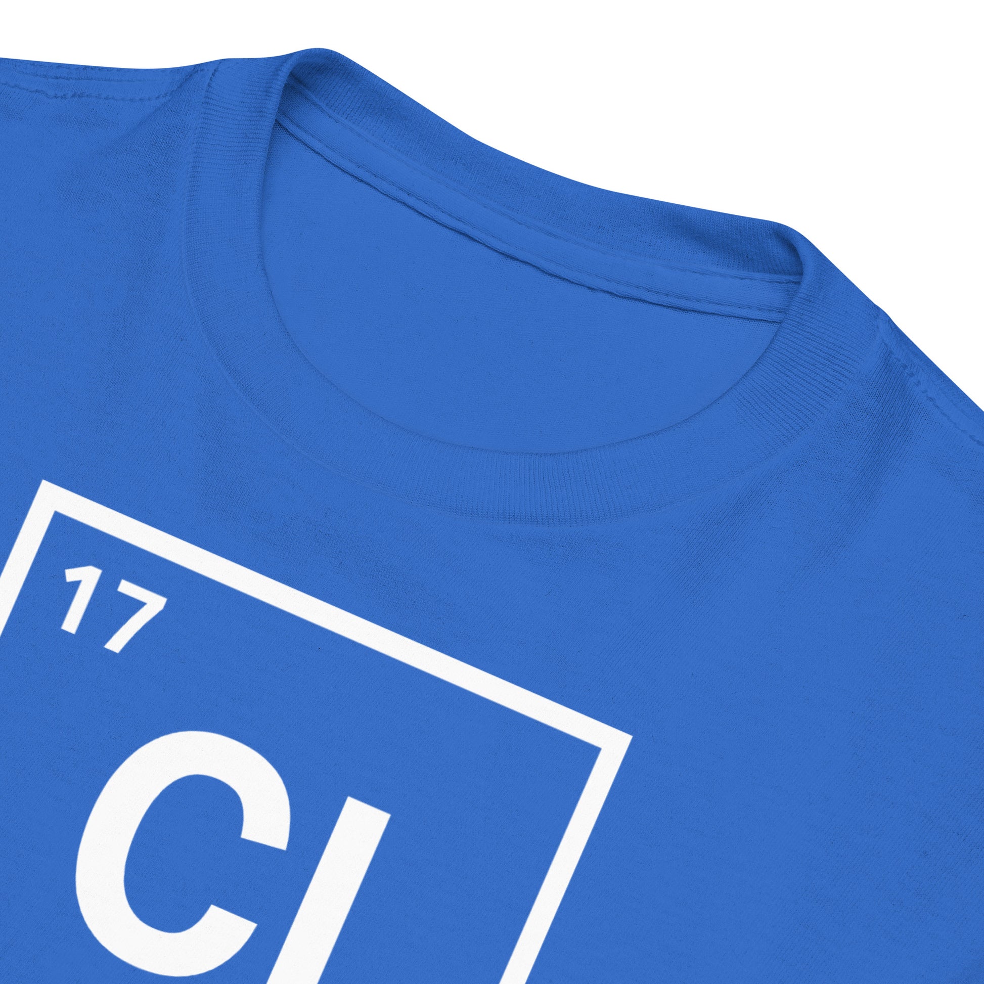 Close-up of collar and chlorine periodic table print on the YOUTH Funny Swimmers Chlorine Periodic Table Symbol T-Shirt in blue.