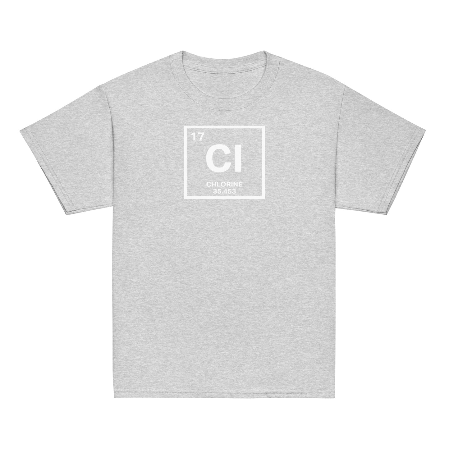 YOUTH Funny Swimmers Chlorine Periodic Table Symbol T-Shirt in heather gray, featuring a chlorine element print for swim team kids.