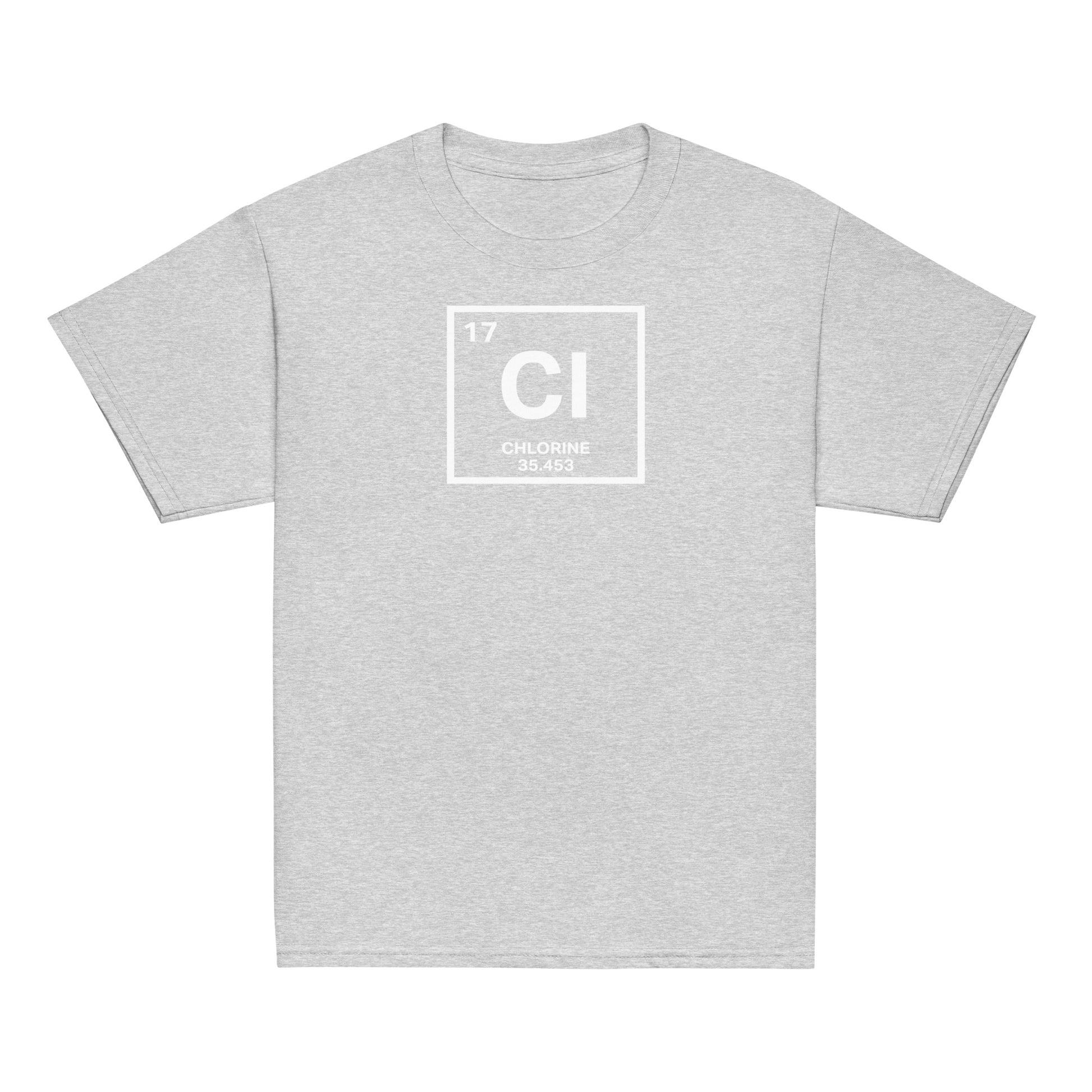 YOUTH Funny Swimmers Chlorine Periodic Table Symbol T-Shirt in heather gray, featuring a chlorine element print for swim team kids.