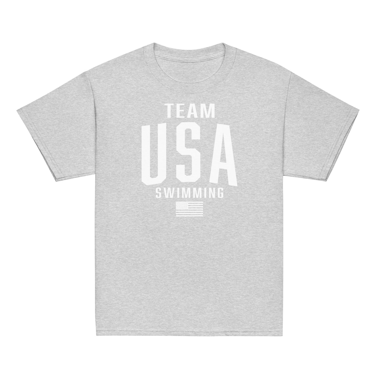 Heather gray Team USA Swimming Patriotic Youth T-Shirt by TrendySwimmer, soft and patriotic tee for youth swim team supporters.
